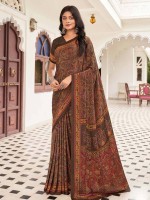 Chocolate Brown Crepe Silk Digital Print Saree